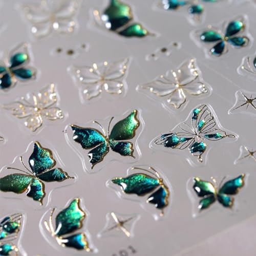 5D Embossed Green Gold Butterfly Nail Stickers Self-Adhesive Nail Decals