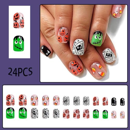 Halloween Press on Nails Square Fake Nails Mummy Pumpkin 24PCS