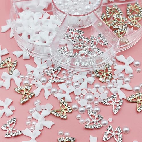 Qdsuh 3D Bow & Butterfly Nail Charms with Pearls Manicure Kit