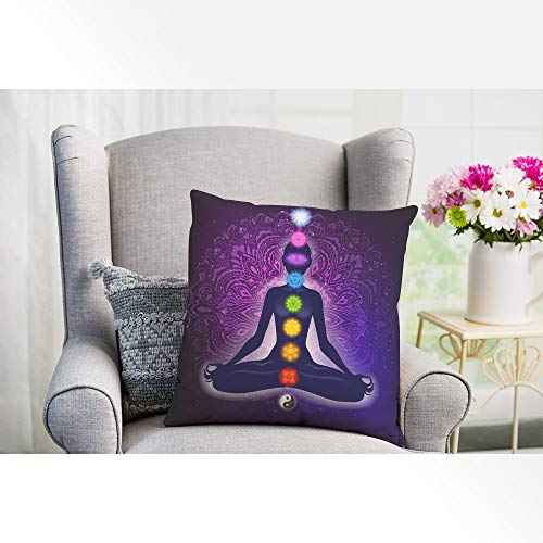 EKOBLA Multi-a325 Meditating Woman Lotus Pose Pillow Cover, 18x18 Inch Cotton Linen, Colorful 9 Chakras Design