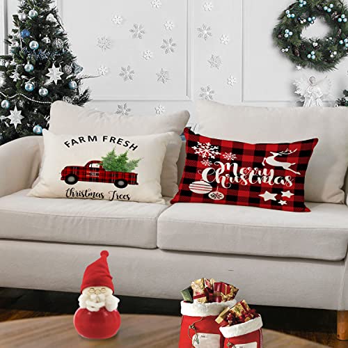 Neatee Living Christmas Pillow Covers, 12x20 Inch Set of 4, Cotton Linen