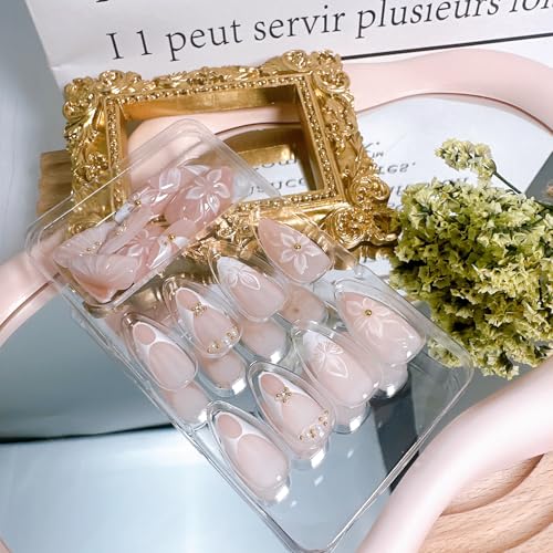 White French Tip Press on Nails Medium Almond with 3D Flowers