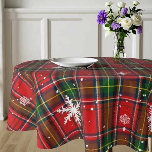 Xmas Plaid Snowflake Round Tablecloth - 60 Inch Holiday Christmas Decor