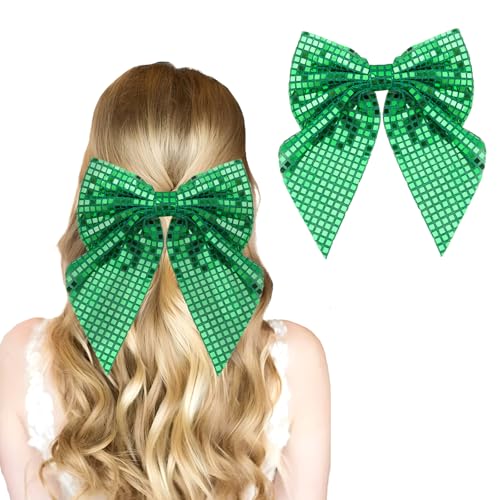 Christmas Glitter Disco Hair Bow Green 7 Inch Large Holiday Hair Bow