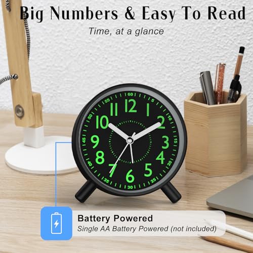Analog Alarm Clock with Night Light - Silent & Battery Operated