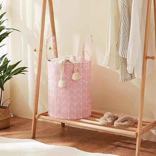 TECHMILLY Baby Laundry Basket with Long Handles - Pink Geometric Nursery Hamper, 1 Pack