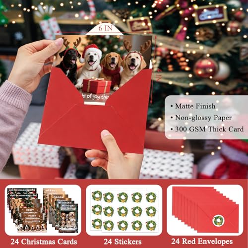 Dog Christmas Cards Set with Envelopes and Stickers - 6 Festive Designs