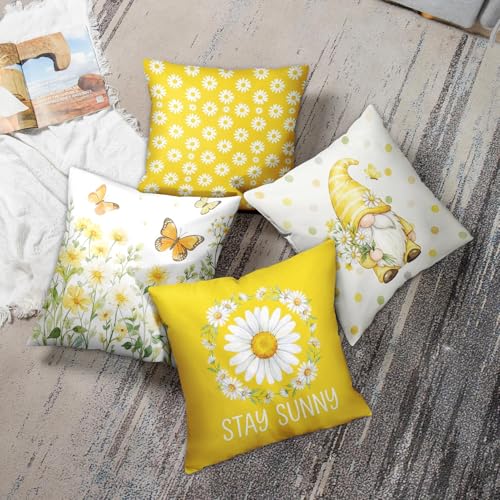 Cosovia Daisy Gnome Throw Pillow Covers 18x18, Set of 4, Soft Plush