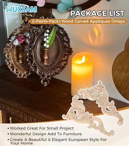 MUXSAM Wood Carved Appliques Onlays - 4-Pack Unpainted Rubber Wood Decals
