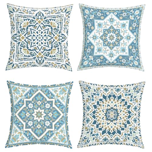 Joymaison Blue Mandala Velvet Throw Pillow Covers Set of 4 - 18x18 Inches