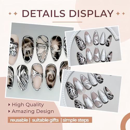 Silver Chrome Press on Nails Medium Almond Gilded Flower Acrylic Fake Nails