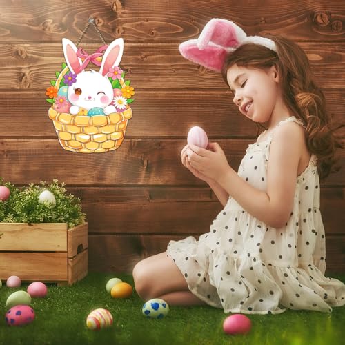 Easter Bunny Door Sign - Wooden Basket Wreath with Flowers & Eggs