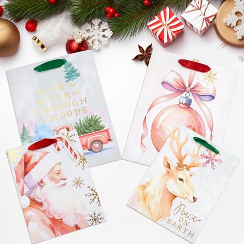 Jotique 4-Pack Pink Christmas Gift Bags with Tissue Paper, Medium