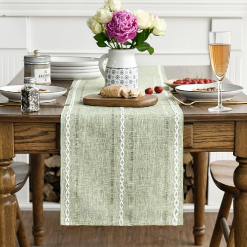 Artoid Mode Sage Green Embroidered Table Runner, 13x36 Inch Cotton Blend