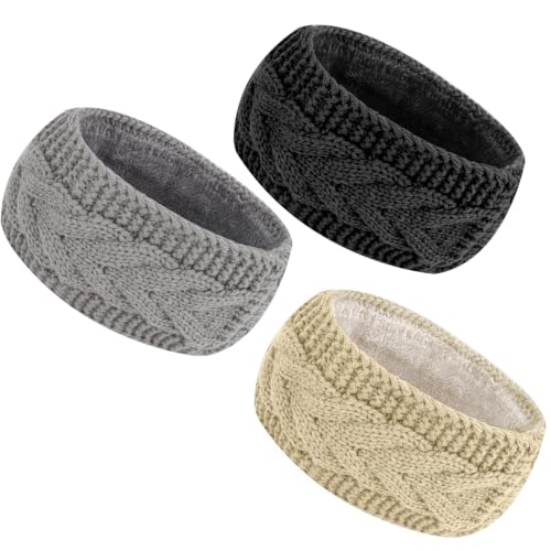 KIUEZIR 3-Pack Winter Knit Headbands Fleece Lined Ear Warmers