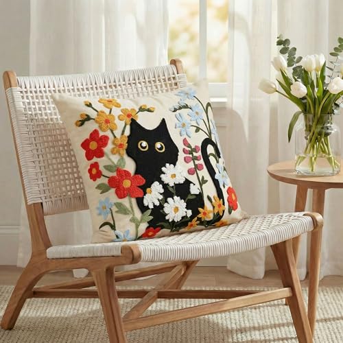 Black Cat Embroidered Throw Pillow Cover - 18" x 18" Floral Design