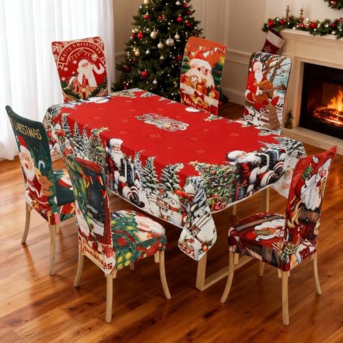 Christmas Tablecloth and Chair Covers Set - Rectangular 80x55 Inch, Red, 7 Pieces - Rectangle / 80 x 55 Inch