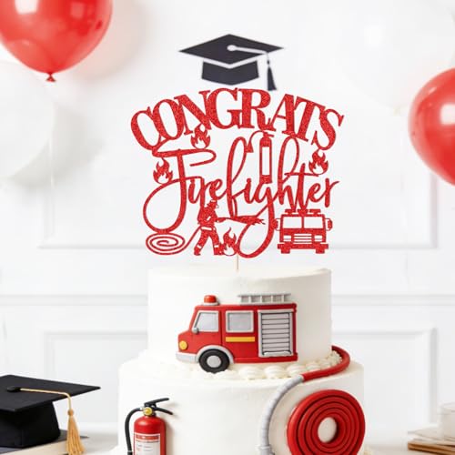 2026 Firefighter Graduation Cake Topper - Red Glitter Decor