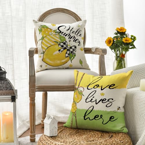 Hello Summer Lemon Throw Pillow Covers Set of 4 - 18x18 Inch