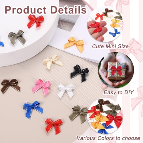 Mini Satin Silver Edge Ribbon Bow Appliques for Crafts, Hair, Wedding, Party, Christmas - Rose Red, Pack of 50