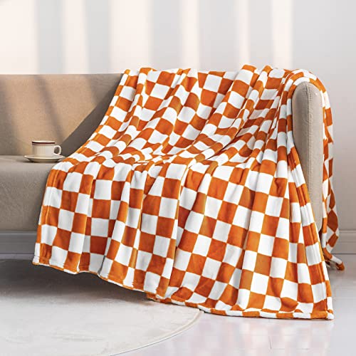Orange Flannel Throw Blanket with Checkerboard Pattern - 90x110 inches, Soft & Warm for Couch & Bed