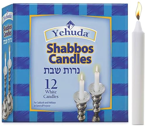 Yehuda Shabbat Candles - 12 Pack White Paraffin Wax, 3-Hour Burn Time