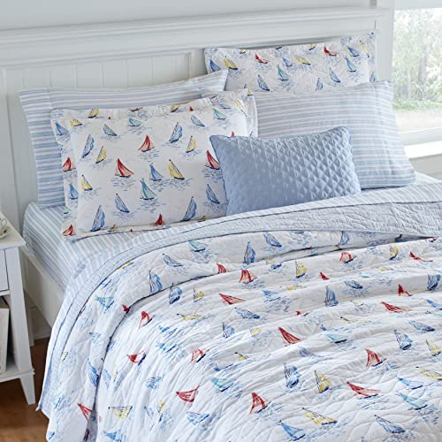 Laura Ashley - Queen Quilt Set, Cotton Reversible Bedding with Matching Shams, Home Decor Ideal for All Seasons (Ahoy Blue, Queen)