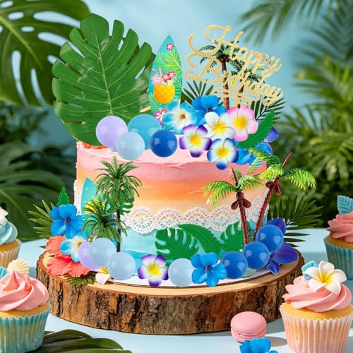 45 Pcs Blue Hawaiian Cake Topper Set with Palm Trees & Surfboards