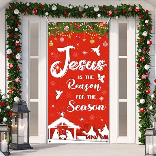 Nativity Door Cover Backdrop - Jesus is the Reason for the Season banner 70.9 x 35.4 in with Rope
