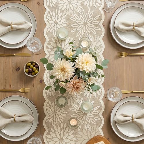 Artoid Mode Lace Jacquard Dahlia Spring Table Runner 13x72 Inch Beige