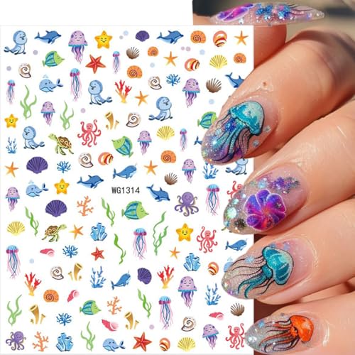 GUAACCB 6 Sheets Summer Nail Stickers 3D Self-Adhesive Beach Shell Decals