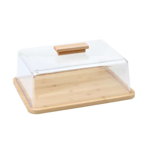 KVMORZE Acrylic Dessert Plate with Base, Bamboo Cake Tray with Clear Acrylic Cover, Cake Fruit Display Server Tray for Kitchen/Birthday/Wedding/Appetizer Dessert& Cheese Serving Platter Rectangular