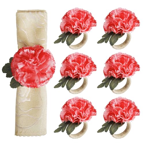 Wonlex Pink Flower Napkin Rings Set of 6, Faux Carnation Serviette Holders