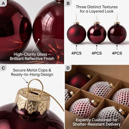 Burgundy Glass Christmas Ornaments Set of 12 - 2.36 Inch Holiday Decor with Matte, Shiny & Clear Finishes
