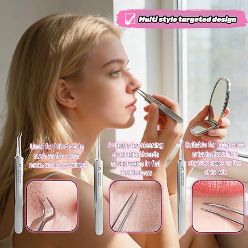 Blackhead Remover Tweezers Set, Stainless Steel Pimple Extractor Tool Kit with Storage Case