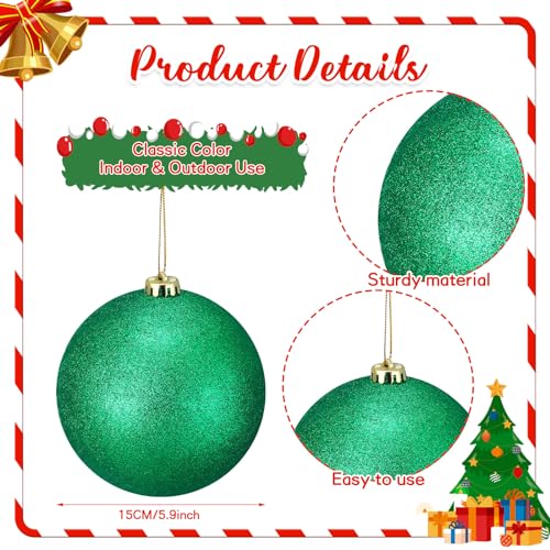 Liliful 4-Pack Large Outdoor Christmas Ornament Balls Glitter Green - Jumbo Fillable Xmas Tree Decorations