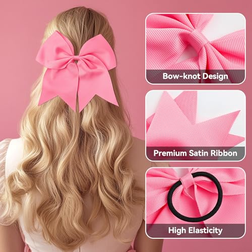 AXEN 8-Inch Large Cheer Hair Bows with Ponytail Holder, Pink, 4 Pack
