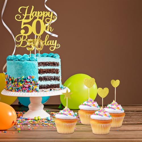 50th Birthday Cake Decorations - Glitter Happy 50th Toppers & Candles