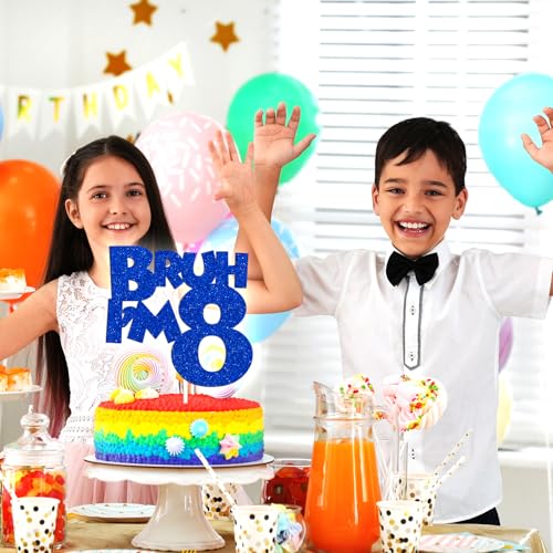 Bruh I'm 8 Cake Topper - Blue Glitter Birthday Decoration