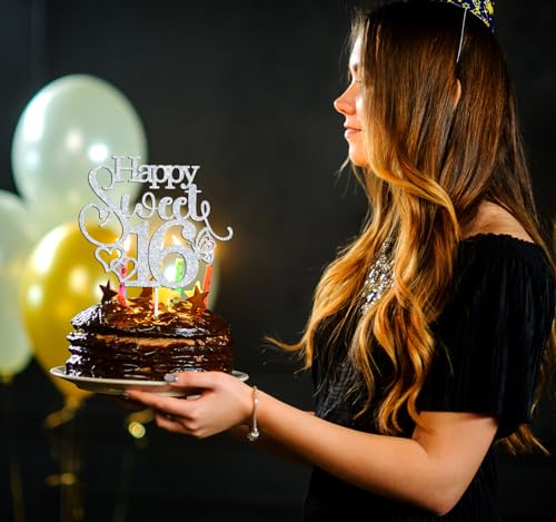 Silver Glitter Happy Sweet 16 Cake Topper for Birthday Parties