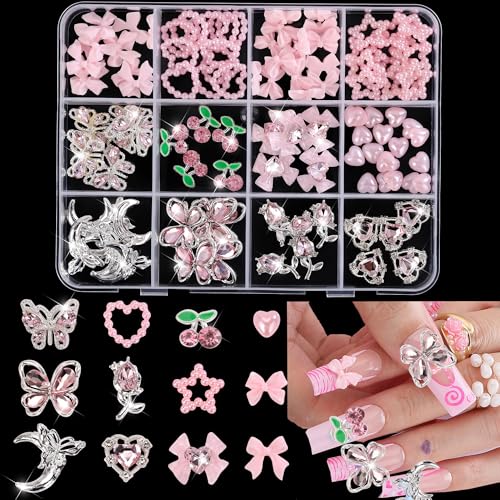 110Pcs Pink Bow Flower Nail Charms Rhinestone 3D Alloy Art Decor