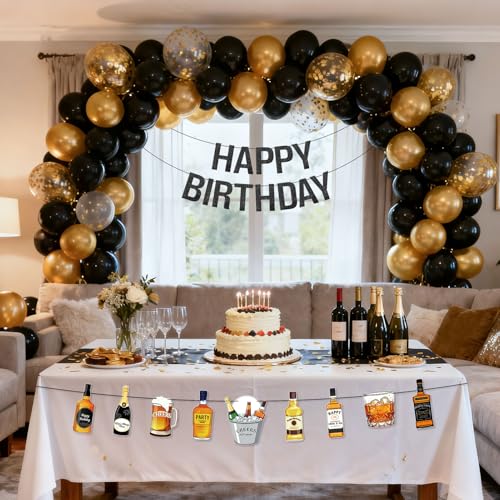 Black Glitter Happy Birthday Banner - Pre-Strung Beer & Whiskey Party Decor