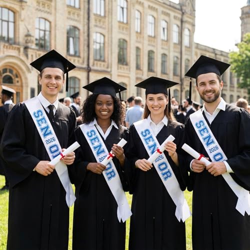 2026 Senior Sash - White Satin with Blue Glitter Letters