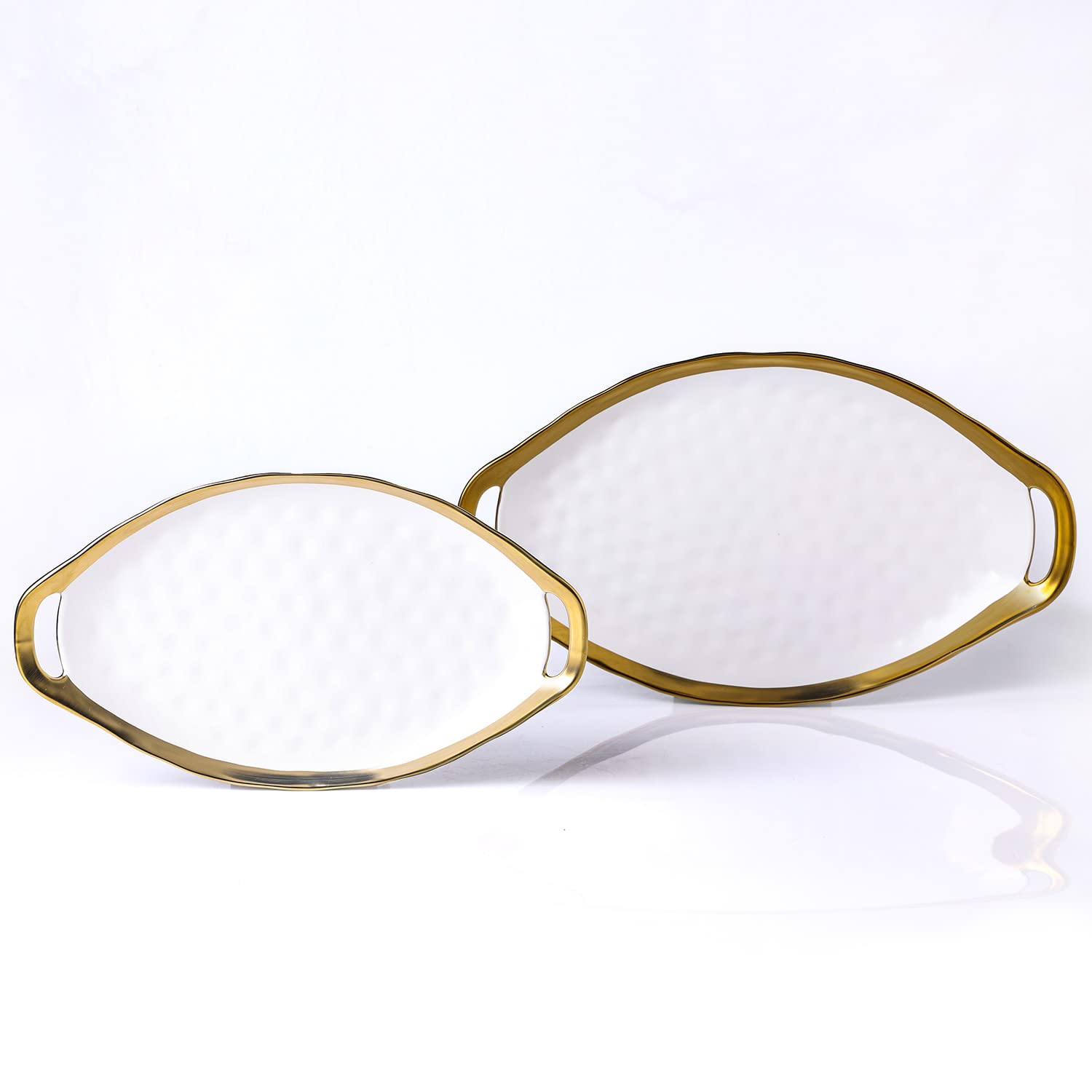 Stone Lain Florian Porcelain Large and Medium Oval Platters with Handle, Service Set, White with Gold Rim