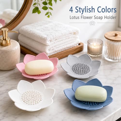 4 Pack Silicone Soap Dish, Lotus Self-Draining Soap Holder for Shower