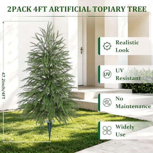 Green 2 Pack Artificial Norfolk Pine Topiary Trees with Ground Spikes - 3 FT