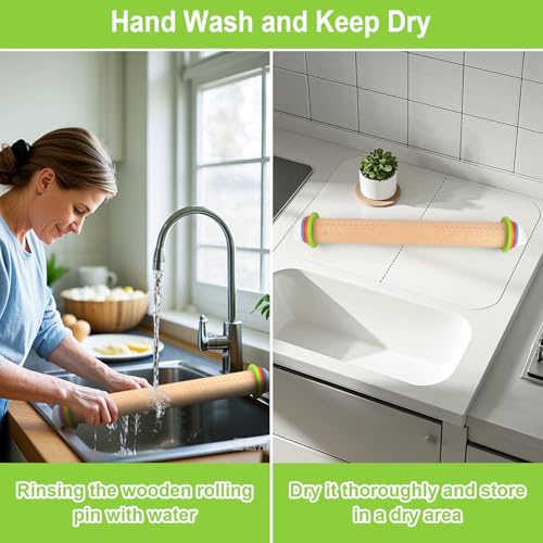 BIDFUL 17-Inch Natural Wood Adjustable Rolling Pin with Thickness Rings