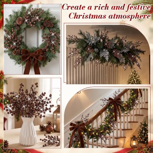 Christmas Berry Picks Set - 12 Artificial Glitter Brown Berry Stems