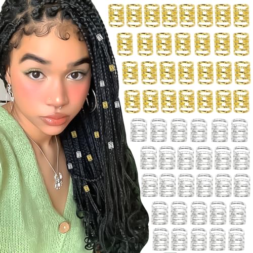 VENOFEN 100PCS Metal Hair Cuffs & Dreadlock Beads for Braids - Gold & Silver