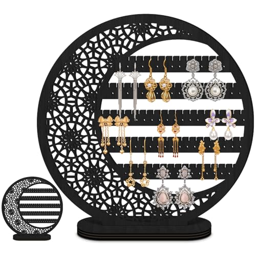 Kathfly 10-Inch Wooden Moon Earring Stand - Black Boho Jewelry Organizer